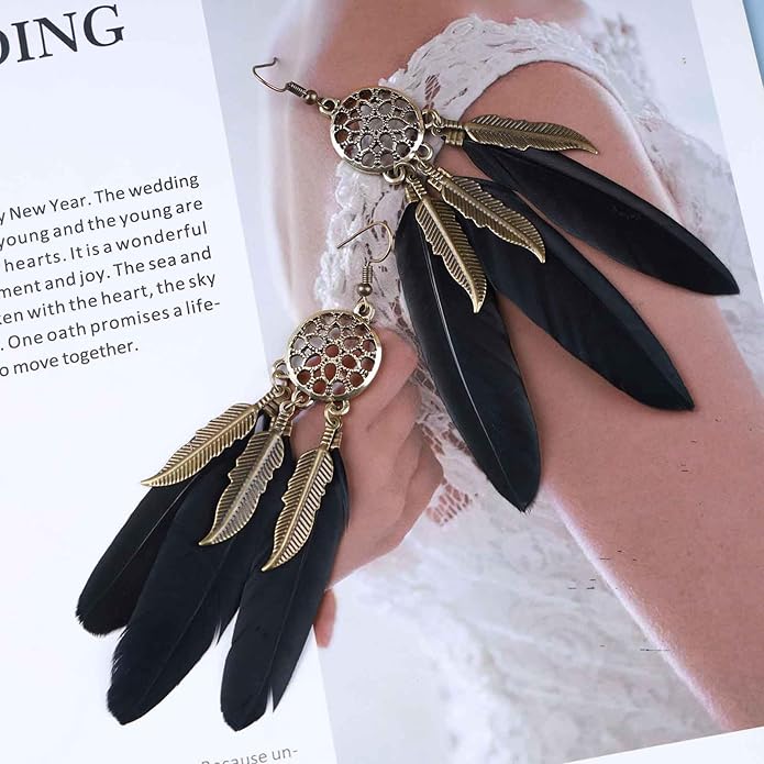 Boho Black Feather Dangle Earrings Long Feather Tassel Earrings Vintage Tribal Feather Earrings Gold Feather Drop Earrings Jewelry for Women