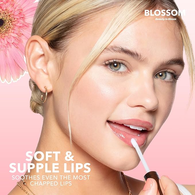 Blossom Moisturizing and Hydrating Shimmer Sparkle Lip Oil with Olive Oil + Grape Seed Oil, Infused with Real Flowers, 3g, Watermelon