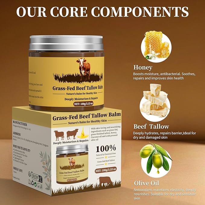 Beef Tallow for Skin, Tallow and Honey Balm, Facial Moisturizer Cream, 100% Organic Grass Fed Whipped Beef Tallow Balm Deeply Moisturizing for Face & Body, Suitable For All Skin Types(3.53oz)