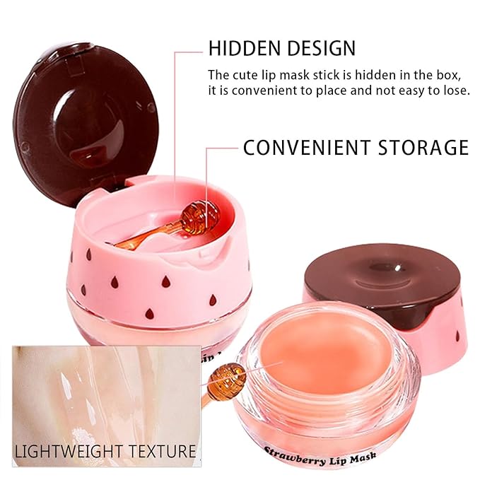 3 PCS Bee Lip Mask Lip Balm Honey Pot, Strawberry & Honey Lip Sleeping Mask Hydrating Prevention Dry and Cracked Lip Scrubs Exfoliator,Lip Mask Overnight Reduces Lip Lines