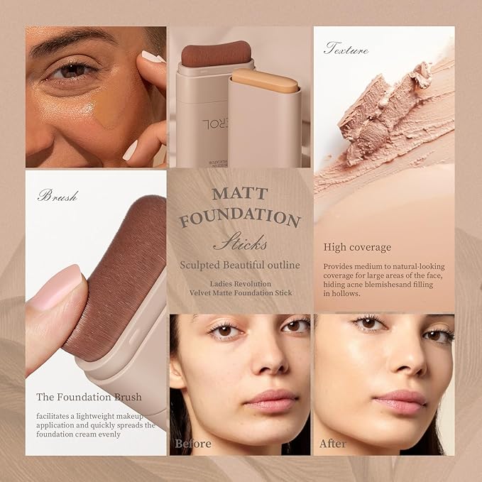 Foundation Stick, Multi-Use Foundation Stick Makeup with Built-In Foundation Brush, Lightweight Buildable Medium-to-Full Coverage, Longwear Contour Stick Foundation Face Stick, Natural Finish