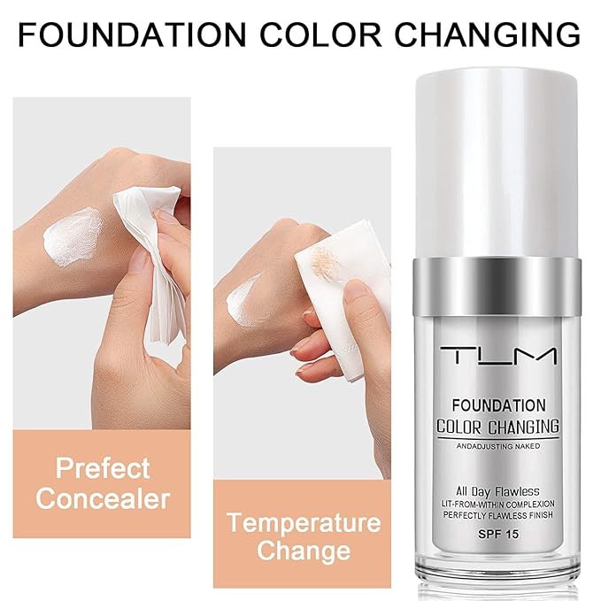 2 PACK TLM Color Changing Foundation Liquid Base,TLM Concealer Cover Cream,All Day Flawless Warm Skin Tone BB Cream Makeup Base Concealer for All Skin SPF15