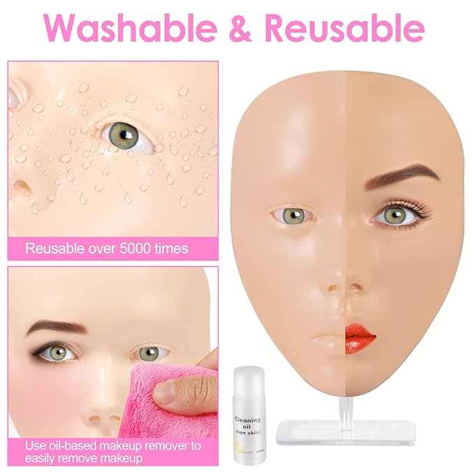 3D Makeup Practice Kit,Reusable Silicone Makeup Practice Face Board/Makeup Mannequin Face,with Makeup Brushes Set&Eyebrow Pencils&Eyelashes&a Makeup Bag&makeup remover towel&Eyeshadow&Lipstick