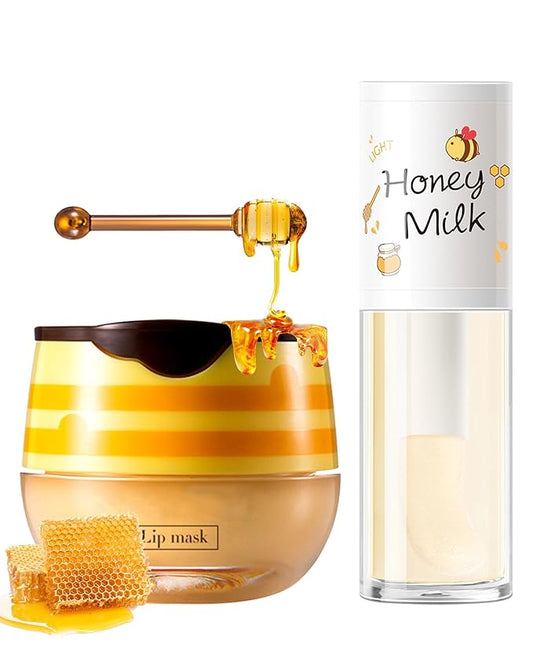 2Pcs Bee Lip Balm Honey Pot Lip Mask & Lip Glowy Oil Lip Care Set, Propolis Moisturize & Nourish Lip Gloss Repair Treatment, Reduce Lip Line & Protect & Plump Dry Cracked Lip Scrub Exfoliator -Set A