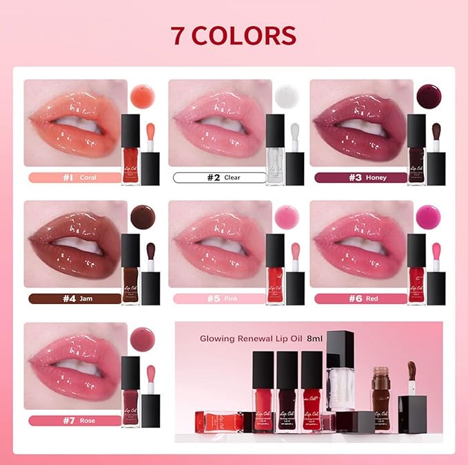 MAEPEOR Glowing Lip Oil 7 Colors Hydrating Lip Balm Nourishing Lip Care Lip Treatment Glossy Finish Non-sticky Moisturizing Lip Balm (02 Clear)
