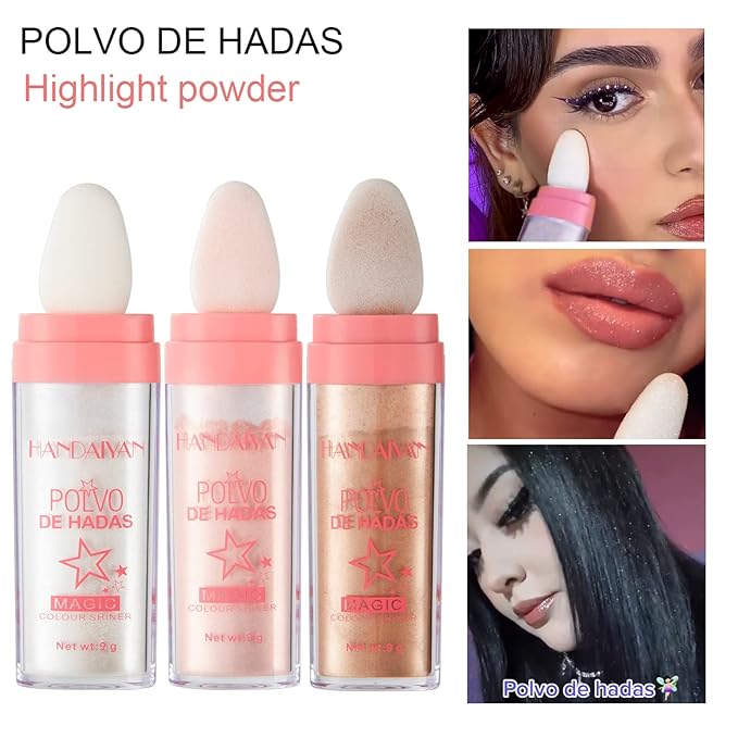 AKARY Shimmer Highlighter Powder, Fairy Polvo De Hadas Highlighter Powder & Blush Stick, Instant Glow Luminizer Duo, Glitter Body Face Hair High Gloss Stick, Sparkle Smudge-Proof Highlighter Stick Party Makeup (#03 Golden Brown)