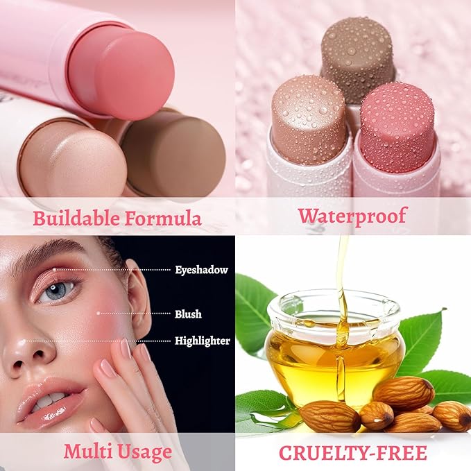 Face Stick Trio 3Pcs Multi Makeup Blush Highlighter Contour Sticks, Buildable Blendable Lightweight Cream Blush Stick for Cheeks Lips Make Up For Women (05)