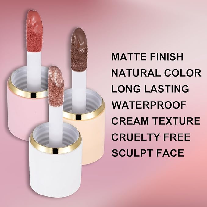 3Pcs Liquid Contour Makeup Trio with Bronzer Shade, Blush, Highlighter for Sculpted Makeup, Matte Finish Liquid Contour Set Easy to Create a Lightweight Look, Longwear Waterproof Formula (3, 9, 14)