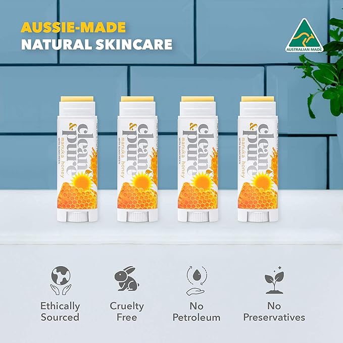 Lip Balm 4-Pack (Manuka Honey with Sunscreen) | Lip Care Set With 100% All Natural Beeswax | Vitamin E Oil | Flavored Lip Balm for Dry, Chapped Lips | Made in Australia