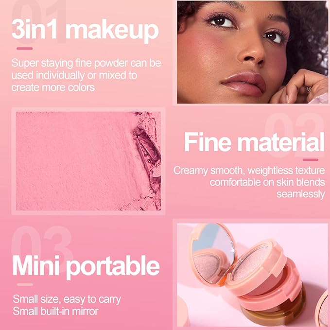 3-in-1 Blendable Trio, Contour and Highlight Blush Makeup Palette, Cream Bronzer, Silky Smooth Powder Blush, Shimmer Highlighter Makeup Powder, Pink Brown Eyeshadow Palette with Mirror(01)