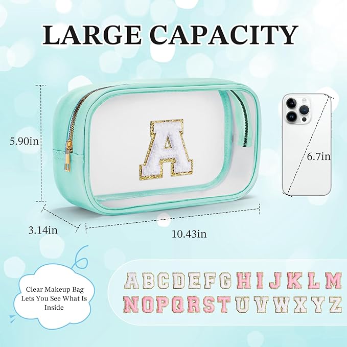 YOOLIFE Initial Make Up Bag Travel Toiletry Bag, Clear Makeup Bag Preppy Cosmetic Bags Organizer Travel Essentials Gifts for Women Teen Girlfriend Teacher Mom Birthday 12 Year Old Girl Gifts Blue T