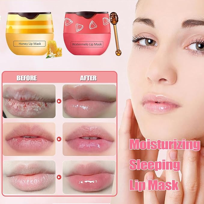 Bee Lip Balm Honey Pot, Watermelon Sleeping Lip Mask Overnight Hydrating Dry and Crack Lip Exfoliator Scrubs Propolis Lip Balm (Watermelon)
