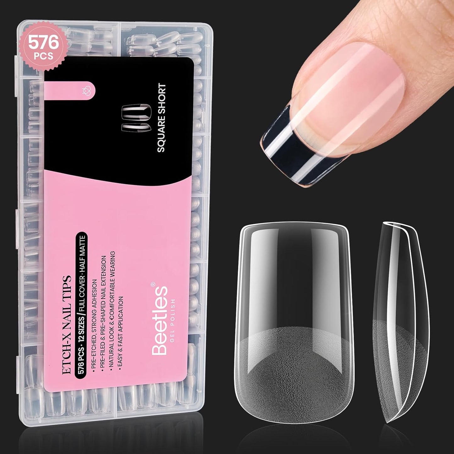 Beetles Gel Nail Tips Etch-X, Square Short, 576Pcs 12 Sizes, Pre-Shaped Half Matte Full Cover Soft Acrylic Fall False Nail Tips Easy DIY Press On Nail Extension Manicure Salon Gift for Women