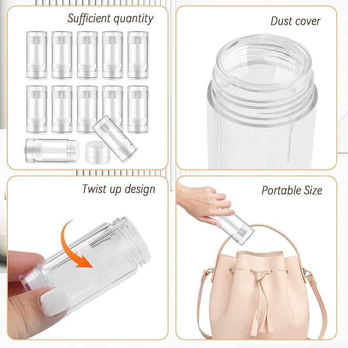 12 Pieces 15g Clear Plastic Deodorant Containers,Empty 1/2 oz Travel Lip Balm Tubes,Refillable Twist-UP Solid Perfume Tubes,Lipstick Tubes for DIY