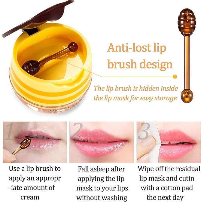 2 PCS Bee Lip Balm Honey Pot, Strawberry & Watermelon Lip Sleeping Masks Overnight, Hydrating Prevention Dry and Cracked Lip Scrubs Exfoliator Lip Care, Reduces Lip Lines
