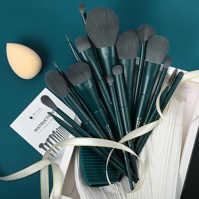 DUcare 17Pcs Professional Makeup Brush Set Complete Kit with Brush Cleaning Mat and Makeup Sponge, Ideal for Foundation, Eyeshadow, Liquid Cream, Gift Box Set