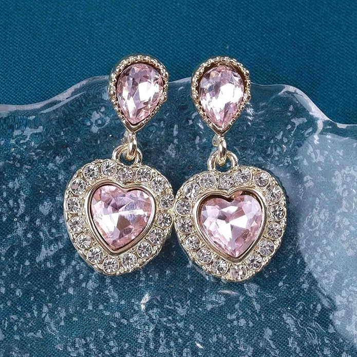 Vintage Emerald Heart Earrings Emerald Cz Teardrop Earrings Rhinestone Heart Drop Earrings Green Gemstone Stud Earrings Jewelry for Women(Green)