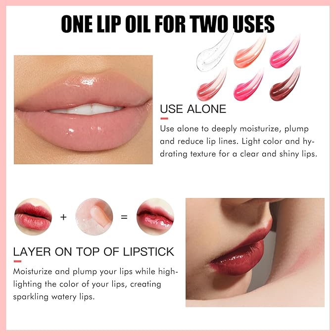2PCS Lip Oil Set, Hydrating Lip Glow Oil Lip Plumper Gloss, Tinted Lip Oils Transparent Long Lasting Non-sticky Lip Gloss, Plumping Lip Gloss Lip Care Kit (Rosewood & Cherry)