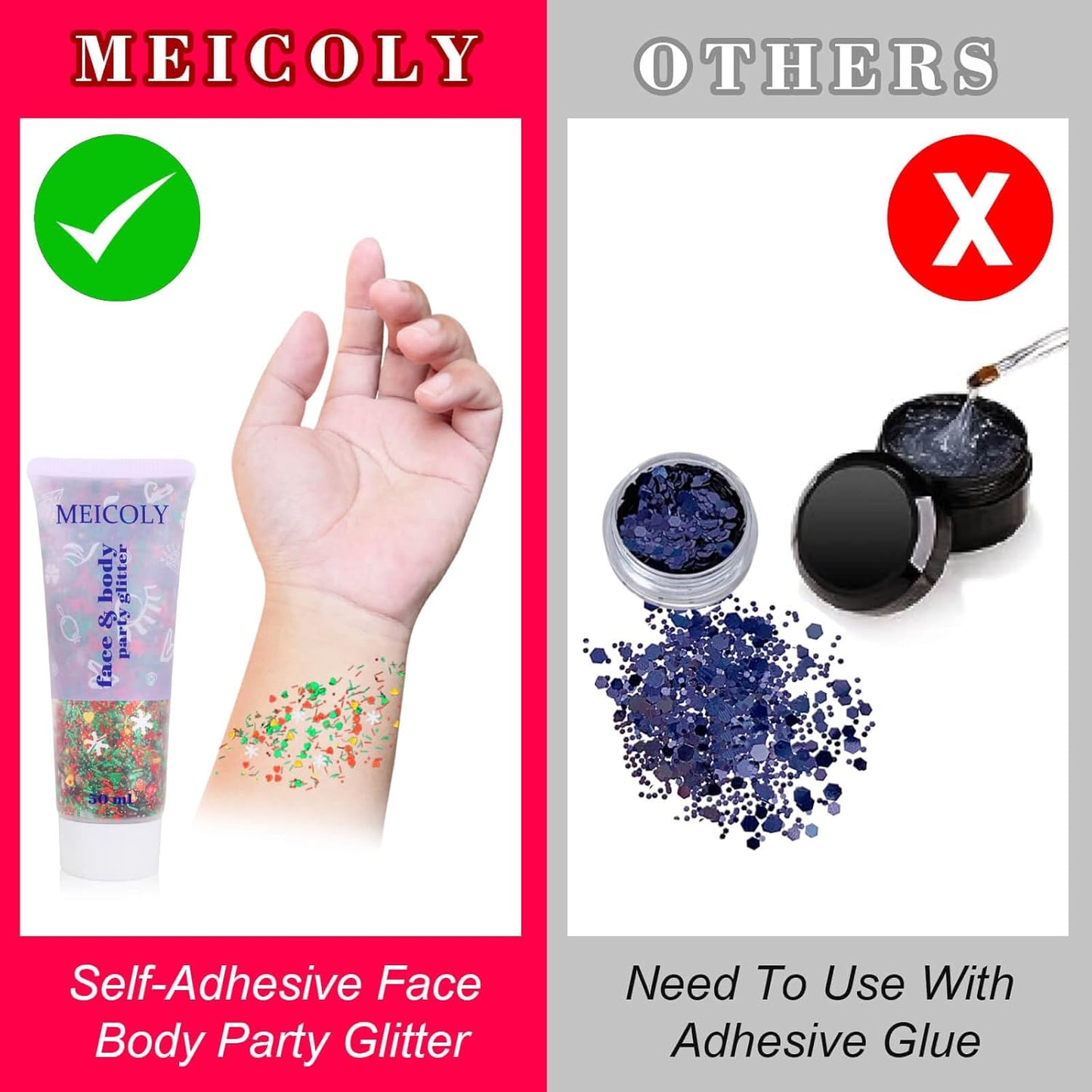 Christmas Makeup,MEICOLY Christmas Face Body Glitter Gel,Christmas Stocking Stuffers Gift Decorations,Festival Hair Glitter for Women Kids Girls,Chunky Sparkling Sequins Glitter Face Paint
