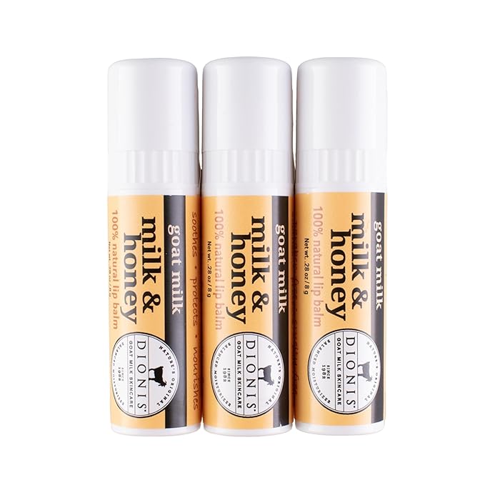 Dionis Goat Milk Skincare Milk & Honey Holiday Lip Balm Gift Set - Beeswax, Shea Butter & Coconut Oil Lip Care Products Made in The USA - Cruelty Free Lip Moisturizer For Chapped Lips, 0.28oz 3 Pack