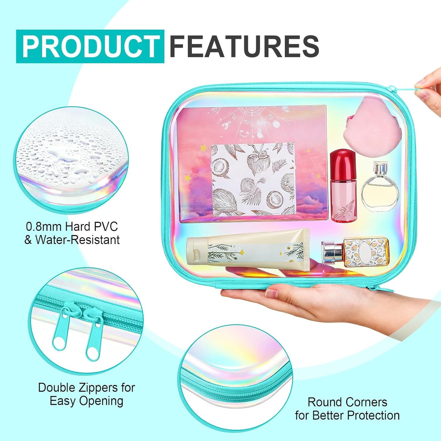 Sanwuta 6 Pcs Clear Hard Zipper Case Pencil Pouches Hard Plastic Zipper Pouches Makeup Bag Transparent Cases for Snacks Plastic Storage Organizer Box for Travel(Holographic,9.84 x 7.87 x 2 Inch)