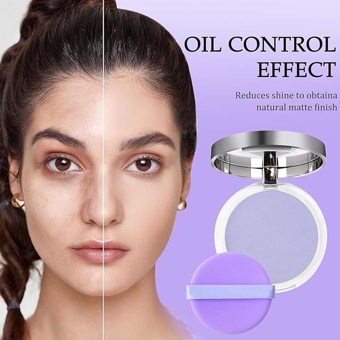 Chillab Lavender Matte Powder Oil Control Face Makeup Setting Powder, Chillab Polvo Compacto with Mini Powder Puff, for Silky Blurring Oil Control Long-Lasting Makeup