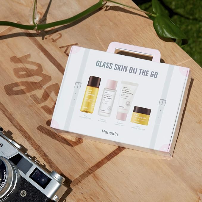 Hanskin Glass Skin On The Go Kit, Travel Friendly Hydrating Skincare Set for Glowing Skin, Cleansers, Skin Essence Toner and Moisturizer, Korean Skin Care [Set of 4 / 30 ml each]