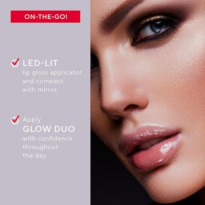 Mirabella Glow Duo, LED Lit Lip Gloss & Hyaluronic Pressed Powder Gift Set - Universal Pressed Powder with LED Light & Mirror - Talc-Free, Paraben & Gluten Free