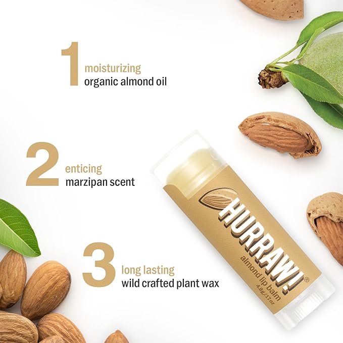 Hurraw! Almond Lip Balm: Organic, Certified Vegan, Cruelty and Gluten Free. Non-GMO, 100% Natural Ingredients. Bee, Shea, Soy and Palm Free. Made in USA