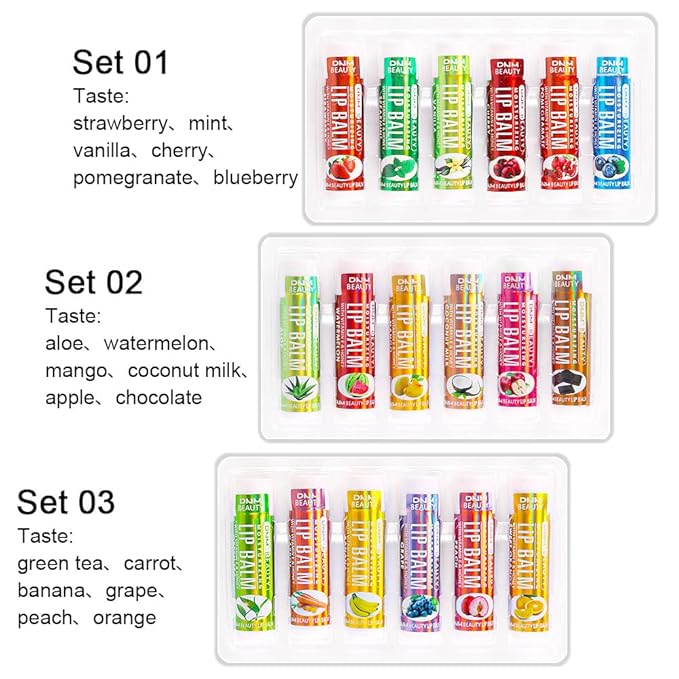 evpct 6Pcs Classic Fruit Flavour Flavored Lip Balm Set for Lip Care Chafed Chapped Cracked Lips, Natural Vitamin E & Honey Green Tea Carrot Banana Grape Peach Orange Moisturizing Mens Kids Lip Balm 3