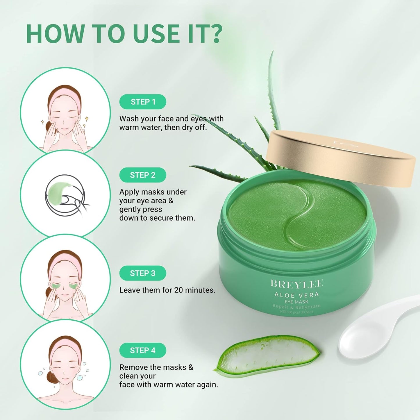 BREYLEE Aloe Vera Eye Masks 60 Pcs-eye Masks with Calming and Hydrating Ingredients, Improve and Firm eye Skin,Under Eye Patches,Eye Patches For Puffy Eyes,Multiple Plant Essences