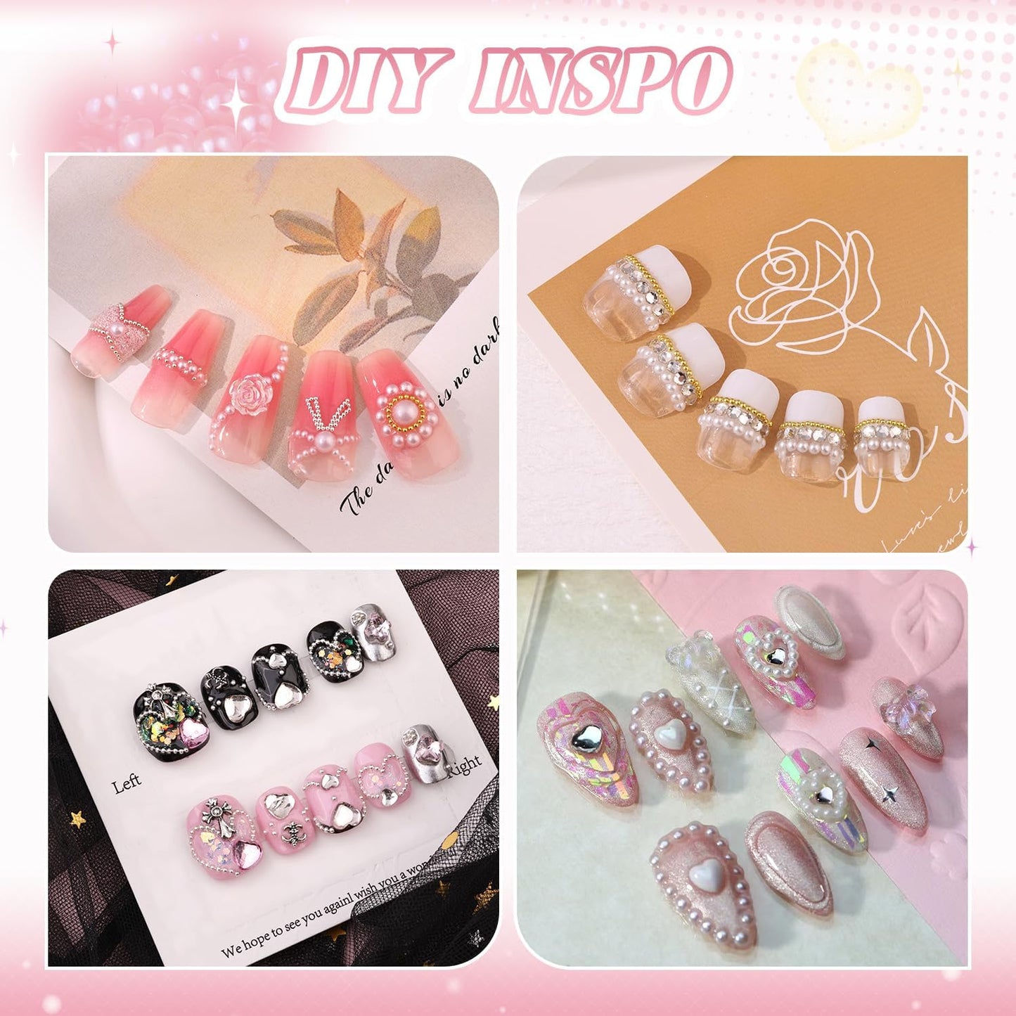 Flatback Pearls and Metal Nail Beads With Rhinestones Glue Gel for Art, Charms and Round Caviar Beads Accessories for Acrylic Tips Manicure Decor (White, Silver+Gold)