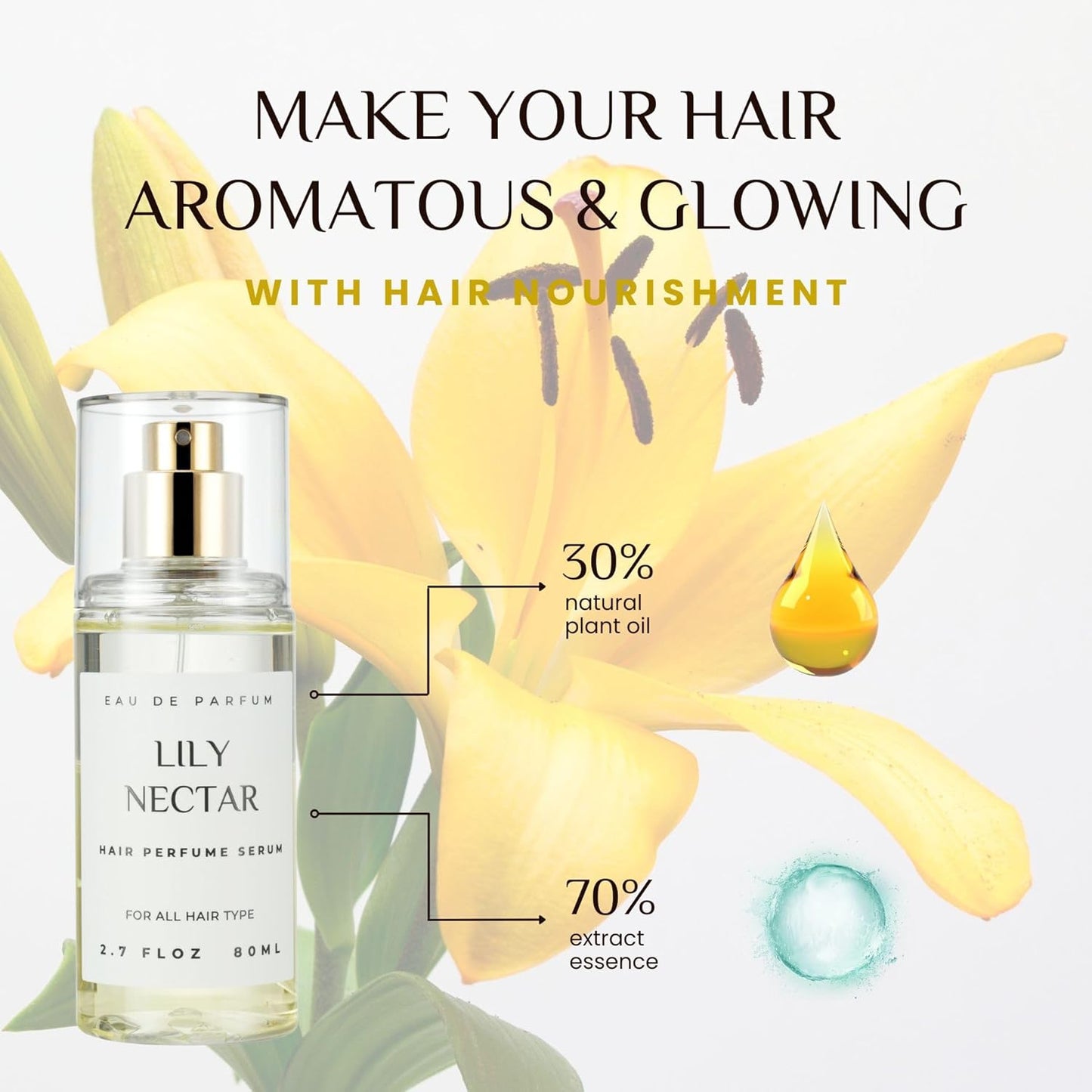 Hair Perfume for Women, Summer Lightweight Long Lasting Fragrance Mist - 3:7 Hydrating Serum Alcohol Free Formula, Argan Oil Scented Hair Spray with Keratin & Elastin (Lily Nectar) 2.7 fl oz