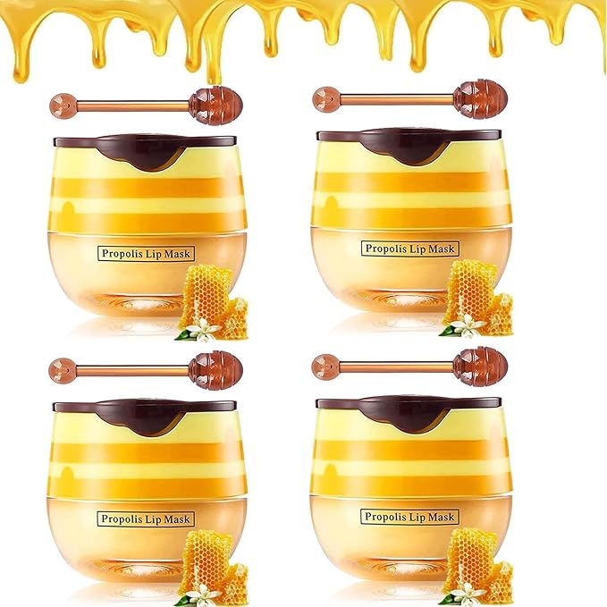 4Pcs Bee Lip Balm Honey Pot,Honey Lip Mask Hydrating Prevention Dry and Cracked Lip Scrubs Exfoliator,lip balm hydrating Bee Lip Mask Balm,Lip Sleep Mask Reduces Lip Lines