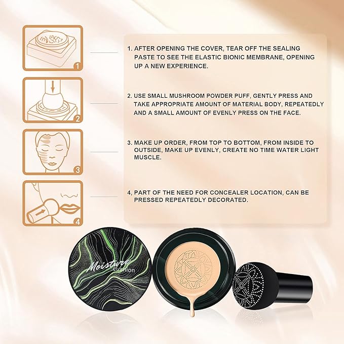 Mushroom Head Air Cushion CC Cream, Long-Lasting Brightening BB Cream Foundation With Powder Puff for Face Makeup and Mature Skin, Moisturizing Full Coverage Self Adjusting Concealer (Natural)