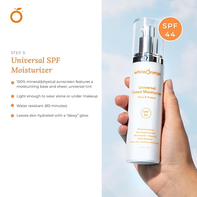 White Orange Full System 3 Step Skincare Routine Premium Anti-Aging Regimen Bundle For Healthy Glowing Skin - Revitalizing Cleanser, Advanced Vitamin C Serum & Universal Tinted Moisturizer with SPF 44