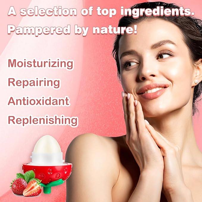 KISSIO Lip Balm,Strawberry Lip Balm,Lip Care with B5 Panthenol,Jojoba Seed Oil and Ceramide,Moisturize and Soothe Chapped Lips,Reduces Lines and Enhances Lip Elasticity,Cruelty Free,0.12 oz(02#)