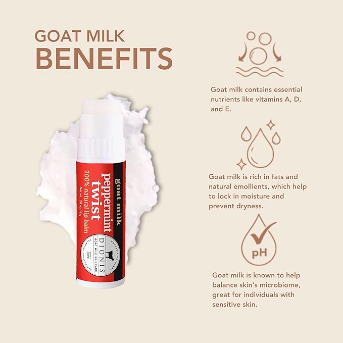 Dionis - Goat Milk Skincare Peppermint Twist Scented Lip Balm - Set of 6 (0.28 oz) - Made in the USA - Cruelty-free and Paraben-free