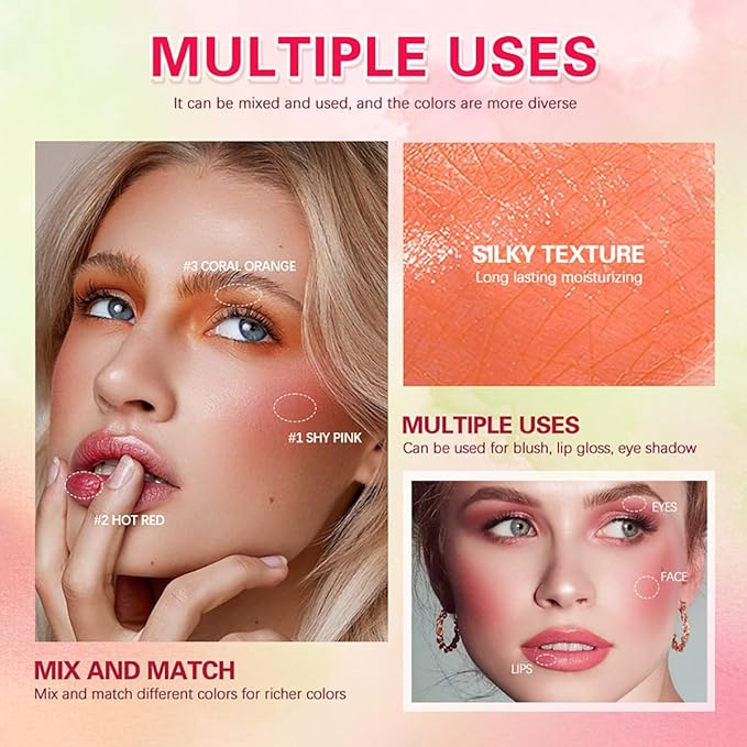 Multi-Use Makeup Blush Stick, Tinted Solid Moisturizer On-the-Go Blush, Multi-use Cream Blush Stick for Cheek & Eyes & Lips, Waterproof Natural Nude Makeup for All Skin (3# Coral Orange)