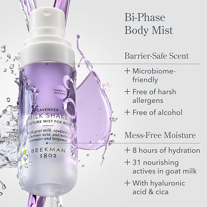 Beekman 1802 Lavender Milk Shake - Body Mist - 2.0 fl. oz - With Hyaluronic Acid & Jojoba Oil - Instantly Moisturizes, Hydrates & Softens - Good for Sensitive Skin - Cruelty Free