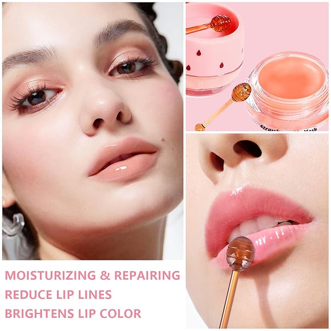 3 PCS Bee Lip Balm Honey Pot, Strawberry & Apple Lime & Coconut Lip Mask Overnight Propolis Moisturizing Lip Balm Hydrating Prevention Dry and Crack Lip Scrubs Exfoliator Lip Wrinkle Care (Set D)