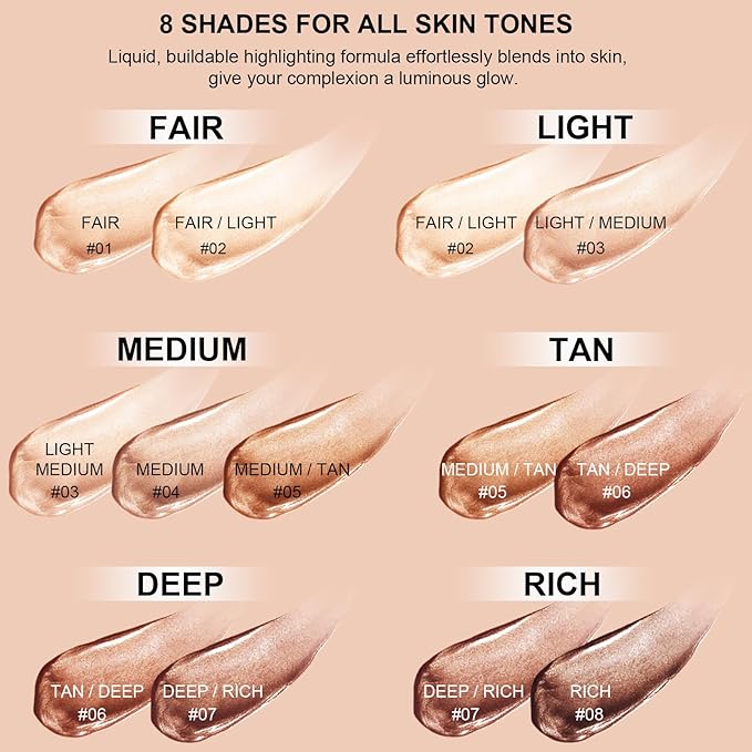 Natural Glow Liquid Filter Makeup, Longwear Face Luminizer, Complexion Booster For Any Part of the Body, Liquid Highlighter with Brush Kit, Infused Hyaluronic Acid, 1.06 fl oz (#08 RICH)