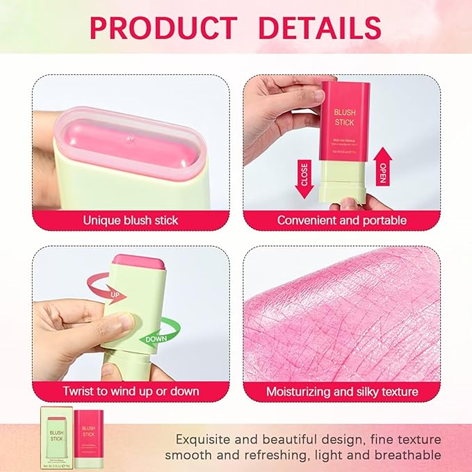 Multi-Use Makeup Blush Stick,Beauty Solid Moisturizer Stick,Waterproof Natural Nude Makeup,Tinted Solid Moisturizer Stick for Eyes Lips Cheek(2#Hot Red)