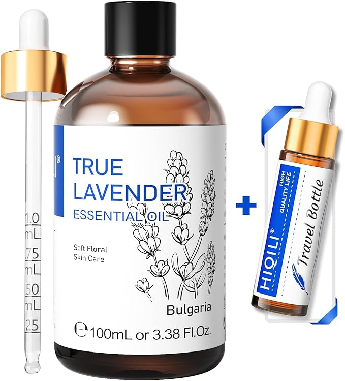HIQILI Lavender Essential Oil - 100% Pure Undiluted, for Aromatherapy Diffuser at Room & Office, Relax Mind and Better Sleep, Therapeutic Grade | 100ML with Glass Dropper