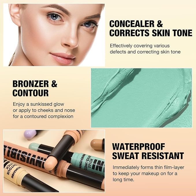Jolilab 4 Color Contour Stick Concealer Stick Cream Palette Contour Multifunctional Contouring Makeup Kit for Face Highlighter Makeup Stick Set Long Lasting & Waterproof(01#yellow, 1)