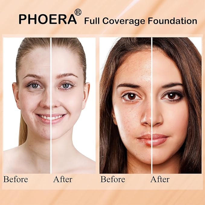 PHOERA Foundation Makeup for Wome Full Coverage Foundation Set,Face Primer Foundation Brush Powder Brush,5 Makeup Sponge,30ml PHOERA 24HR Matte Oil Control Concealer (110-Truffle)
