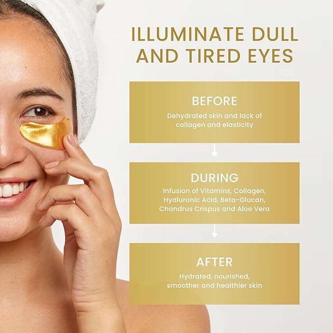 24K Gold Under Eye Mask | Under Eye Treatment for Women | Collagen Eye Pads with Hydrogel | Eye Patches | Eye Mask Skin Care | 48 Pairs (3 packs)