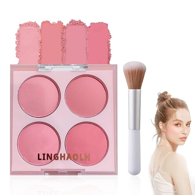 4 Colors Blush Palette for Cheeks,Face Matte Contour Blush Makeup Palette,Buildable Shimmer Facial Cheek Blusher Shades,Blendable Cosmetic Makeup Blush with Blush Brush 01