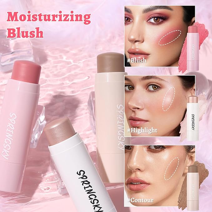 Face Stick Trio 3Pcs Multi Makeup Blush Highlighter Contour Sticks, Buildable Blendable Lightweight Cream Blush Stick for Cheeks Lips Make Up For Women (05)