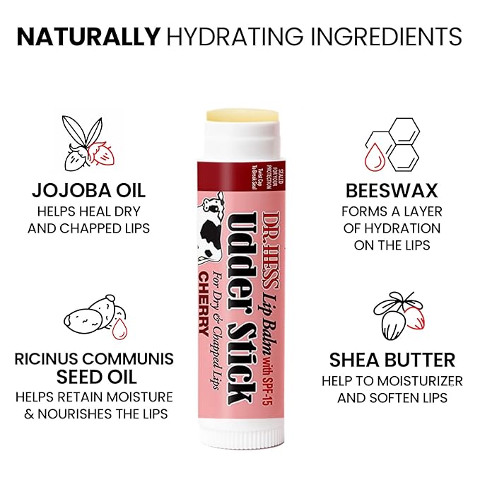 Original Udder Stick SPF Lip Balm, Soothing Moisturizer Sun Screen Balm for Dry Lips with Jojoba, Beeswax & Shea Butter, Total Lip Care, Hydration & Repair, Cherry Flavor, 4 Pack